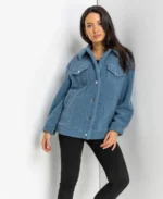 Women Teddy Trucker Sherpa Jacket Side - Trendy Leather Jackets
