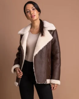 Women's Brown Sherpa Lined Aviator Jacket Front - Trendy Leather Jackets