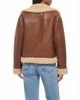 Women's Brown Sherpa Lined Leather Jacket Back