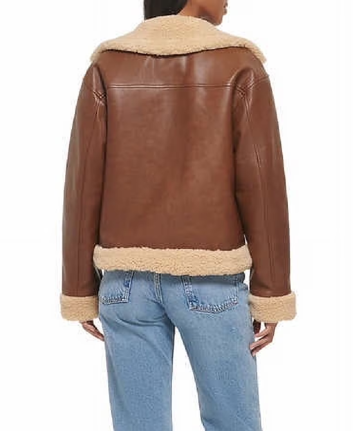 Women's Brown Sherpa Lined Leather Jacket Back