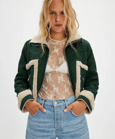 Women's Green Sherpa Lined Suede Leather Jacket Front - Trendy Leather Jackets