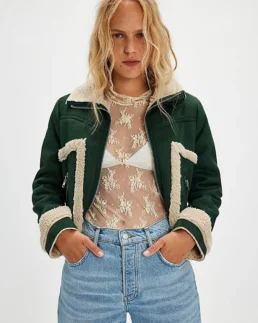 Women's Green Sherpa Lined Suede Leather Jacket Front - Trendy Leather Jackets