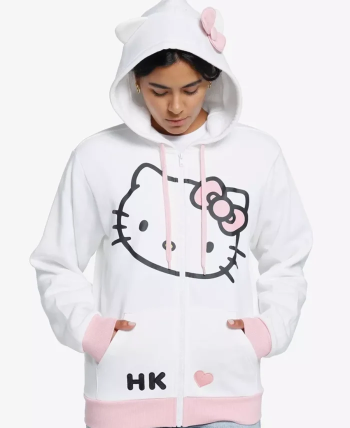 Women's Hello Kitty 3D Ears Hoodie Front View - Trendy Leather Jacket