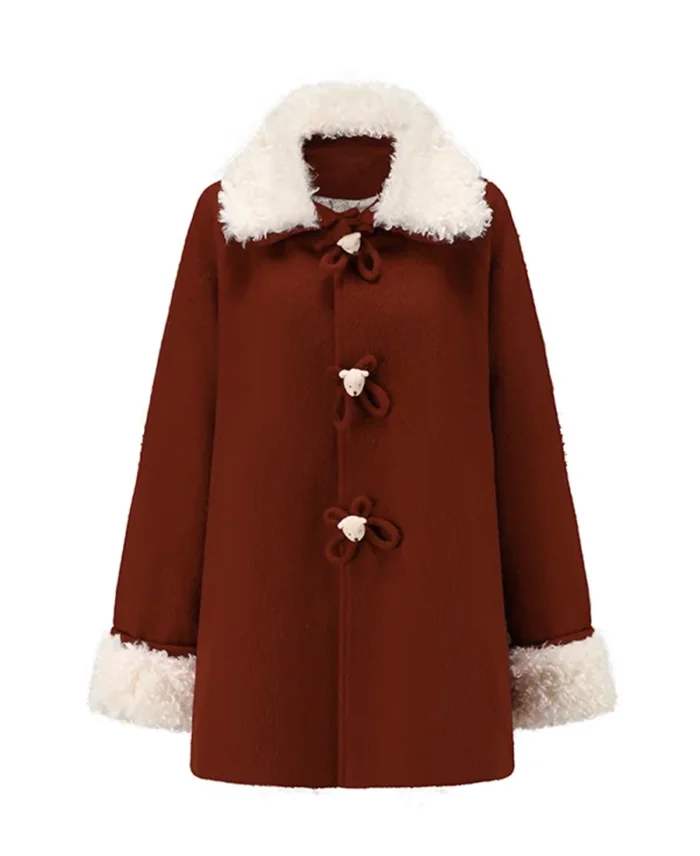 Women's Little Fur Collar Red Riding Coat Front - Trendy Leather Jacket