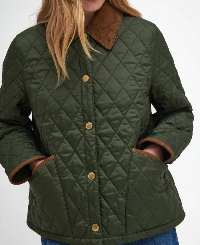 Women's Olive Quilted Puffer Jacket Closeup