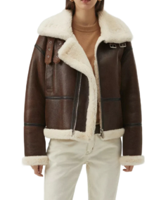 Women's Oversized Shearling Brown Aviator Jacket