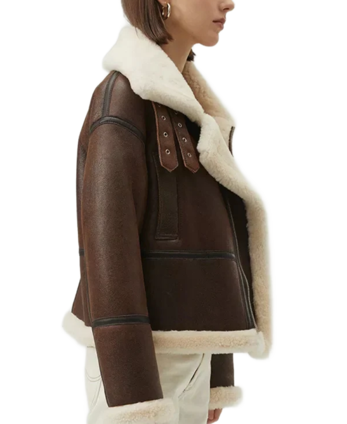 Women's Oversized Shearling Brown Aviator Jacket Side