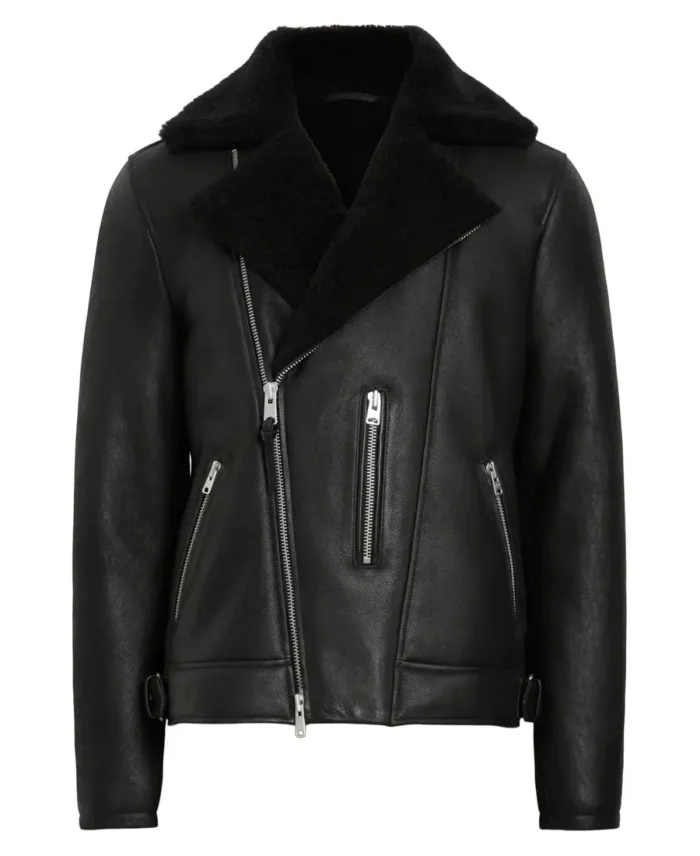 Xena Shearling Biker Black Leather Jacket Front - Trendy Leather Jacket