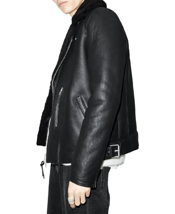 Xena Shearling Biker Black Leather Jacket Sleeves - Trendy Leather Jacket