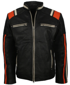 Mens Cafe Racer Striped Black Retro Biker Jacket - Trendy Leather Jackets