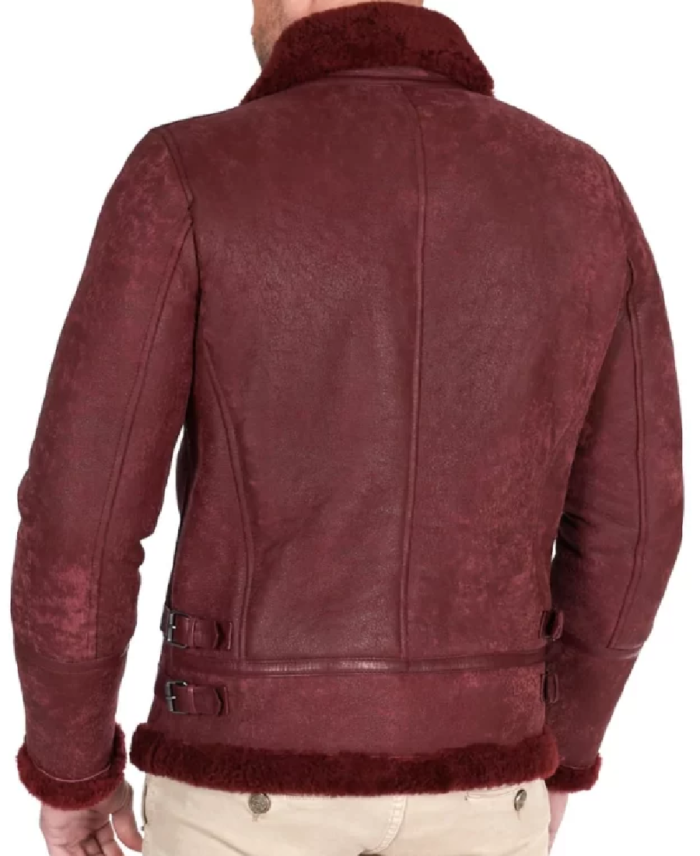 Men’s Shearling Burgundy Leather Jacket Back