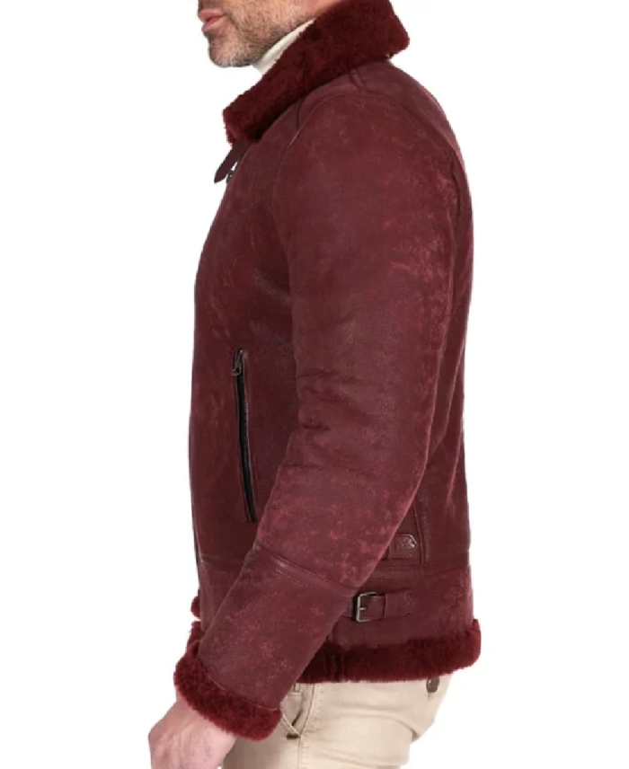 Men’s Shearling Burgundy Leather Jacket Side