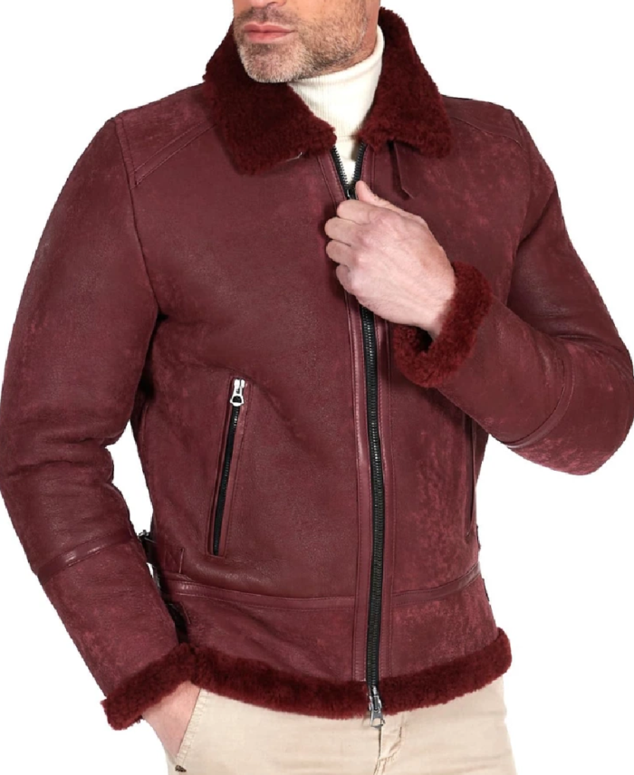 Shop Men’s Shearling Burgundy Leather Jacket