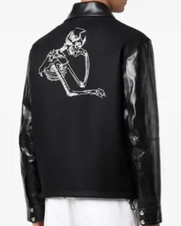 Men's Black Embroidered Skull Varsity Jacket Back