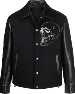 Men's Black Embroidered Skull Varsity Jacket - Trendy Leather Jackets