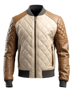 Men's Beige Sheepskin Diamond Quilted Bomber Jacket - Trendy Leather Jackets