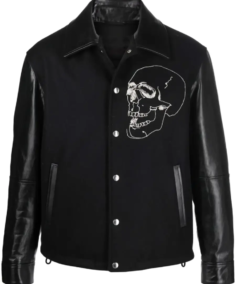 Men's Black Embroidered Skull Varsity Jacket