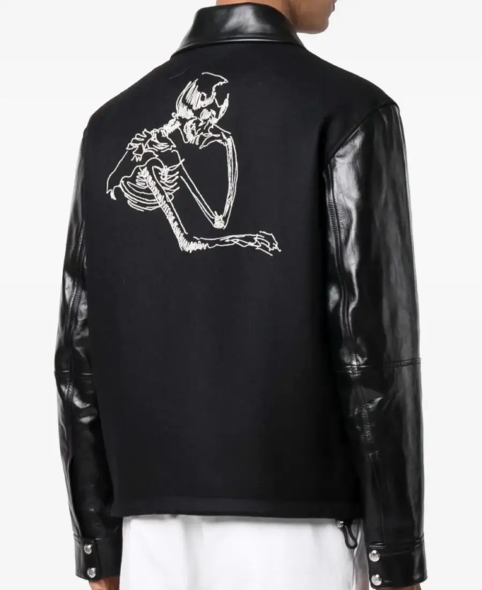Men's Black Embroidered Skull Varsity Jacket Back