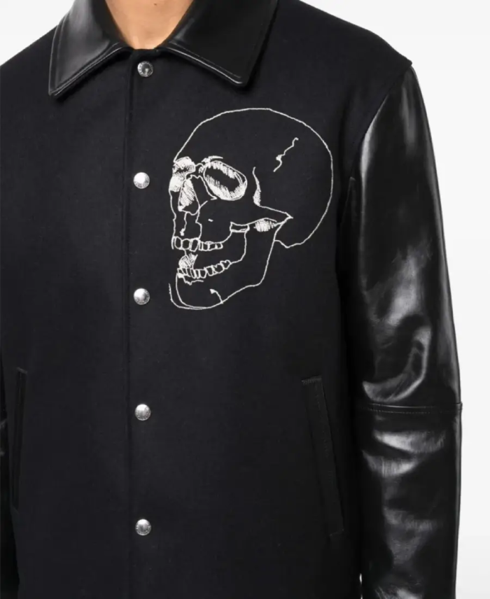Men's Black Embroidered Skull Varsity Jacket Closeup