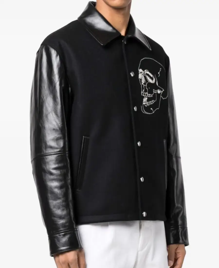 Men's Black Embroidered Skull Varsity Jacket Side