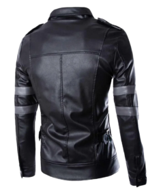 Men’s Raven Black With Gray Stripes Leather Jacket Back - Trendy Leather Jackets