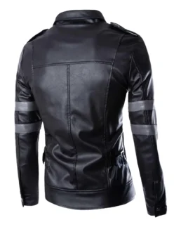 Men’s Raven Black With Gray Stripes Leather Jacket Back - Trendy Leather Jackets