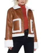 Brown Cropped Aviator Leather Jacket