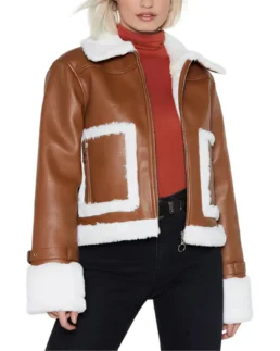 Brown Cropped Aviator Leather Jacket