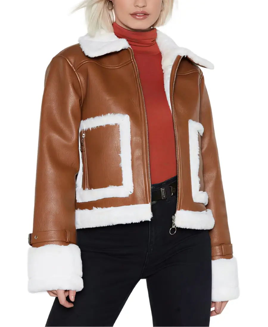 Brown Cropped Aviator Leather Jacket Brown Cropped Aviator Leather Jacket