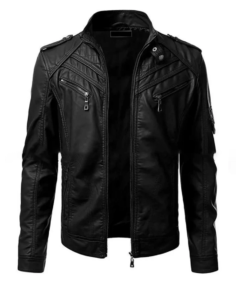 Vintage Cafe Racer Slim Fit Black Bikers Leather Jacket Front View Image - Trendy Leather Jackets