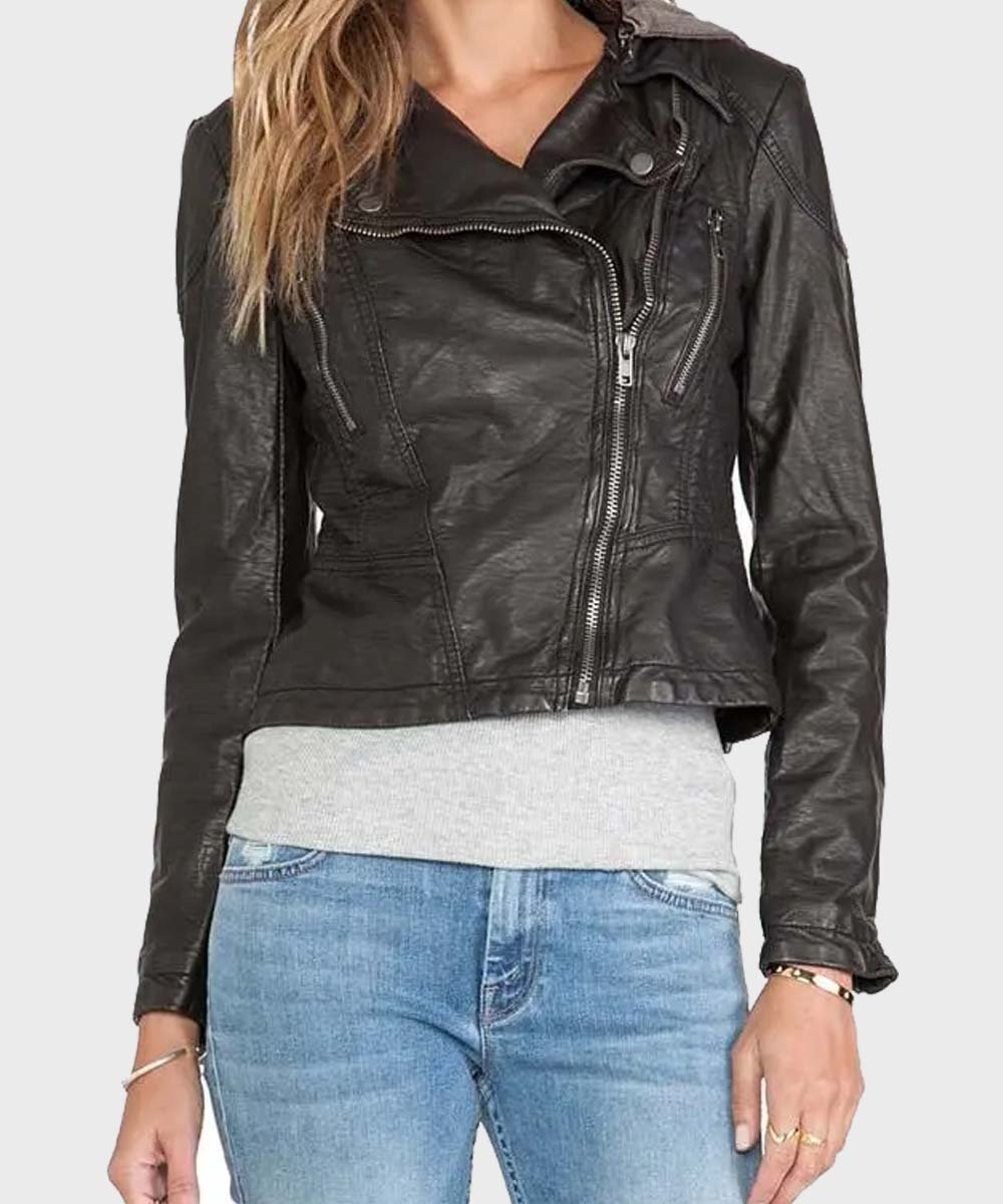 1-6.Jpg Women’s Black Hooded Leather Jacket - Image 1