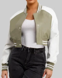 Women’s Olive Green and White Leather Varsity Jacket