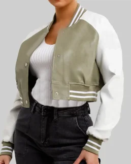 Women’s Olive Green and White Leather Varsity Jacket