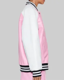 Women’s Pink and White Leather Varsity Jacket Side