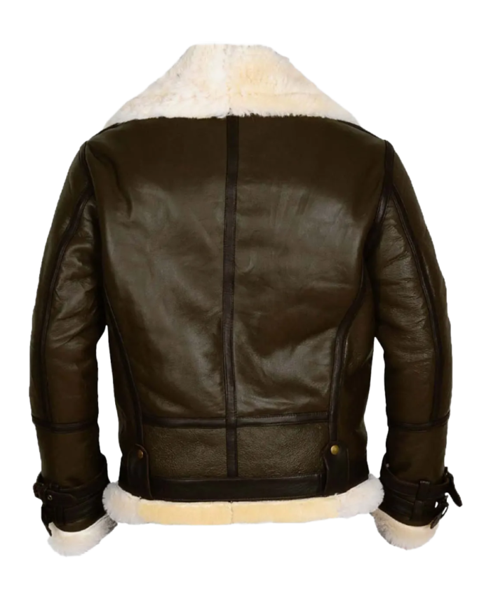 Army B-3 Shearling Olive Leather Aviator Jacket Back