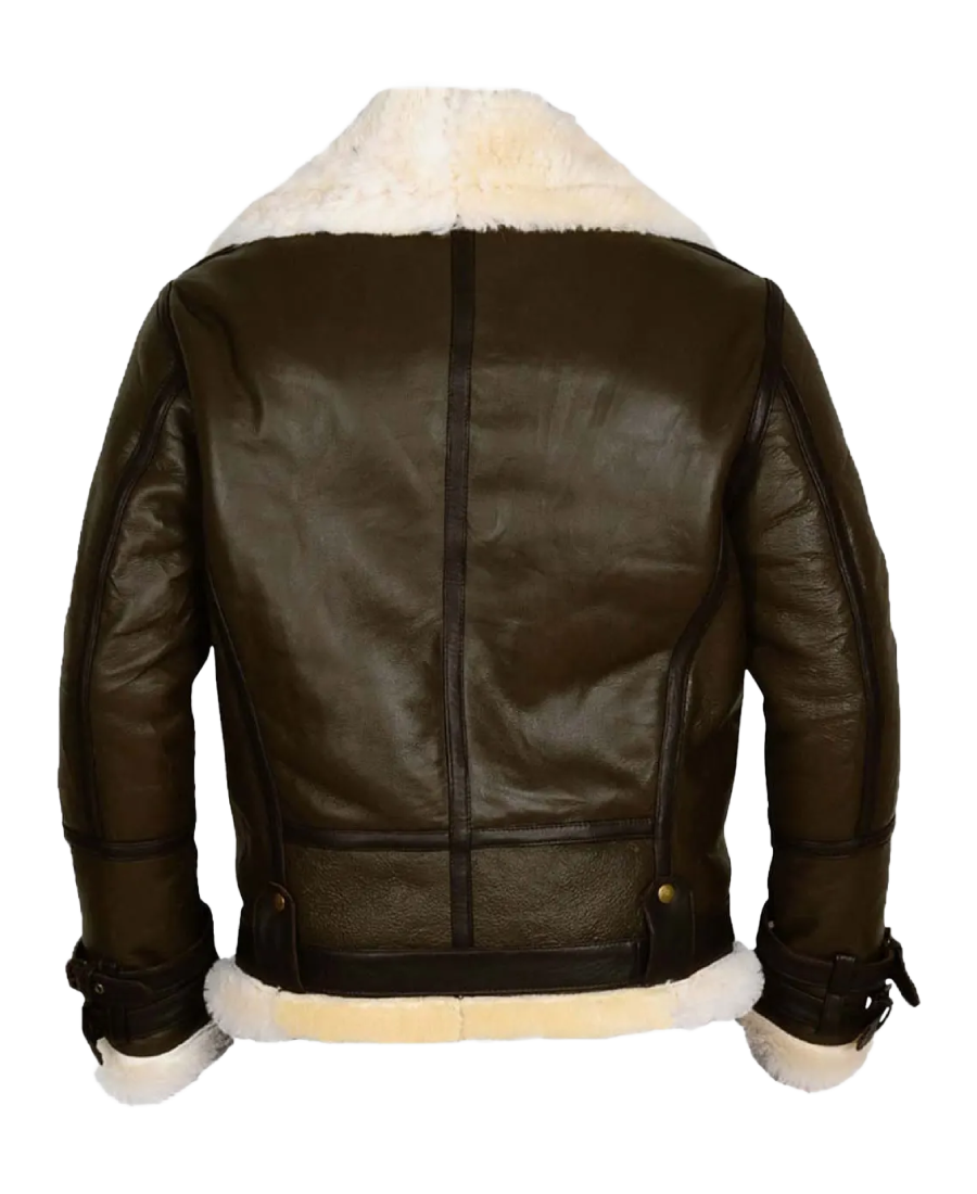 Army B-3 Shearling Olive Leather Aviator Jacket Back