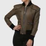 Betty Womens Brown Bomber Leather Jacket - Image 2