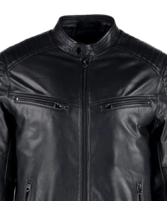 Men Cafe Racer Leather Black Jacket Closeup