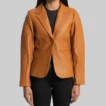 Women’s Quilted Camel Brown Leather Blazer - Trendy Leather Jackets