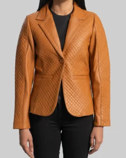 Women’s Quilted Camel Brown Leather Blazer - Trendy Leather Jackets