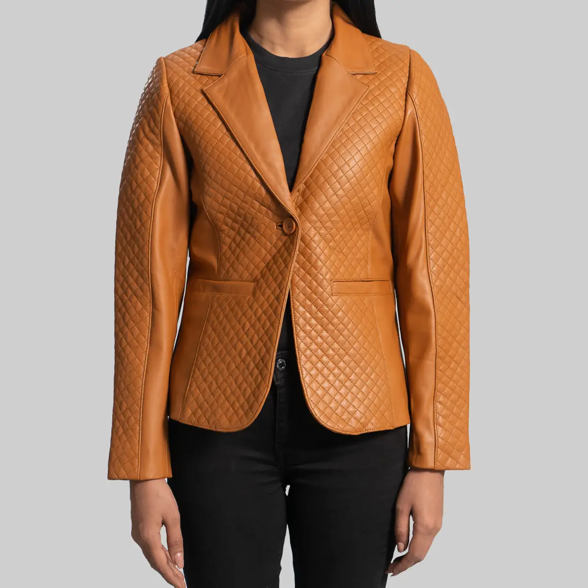 Women’s Quilted Camel Brown Leather Blazer Women’s Quilted Camel Brown Leather Blazer - Trendy Leather Jackets