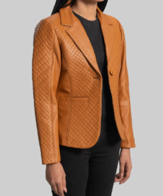 Women’s Quilted Camel Brown Leather Blazer Side - Trendy Leather Jackets