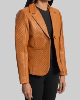 Women’s Quilted Camel Brown Leather Blazer Side - Trendy Leather Jackets