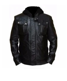 Men Black Leather Hooded Jacket