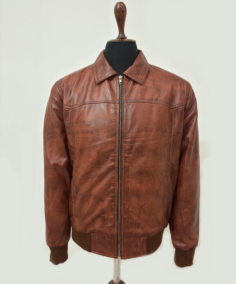 Craig Mens Brown Bomber Distressed Leather Jacket Shoot IMG Front - Trendy Leather Jackets