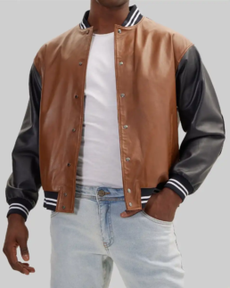Men’s Brown and Black Leather Varsity Jacket