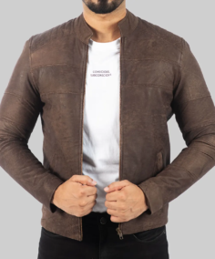 Men’s Distressed Dark Brown Leather Biker Jacket Front - Trendy Leather Jackets