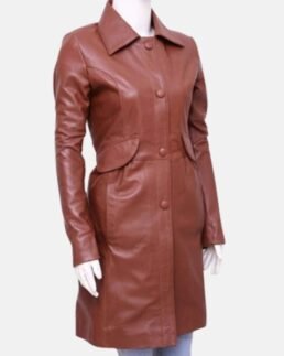 Women's Solid Brown Leather Coat