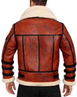 Double Collar B-3 Shearling Red Leather Aviator Jacket Back
