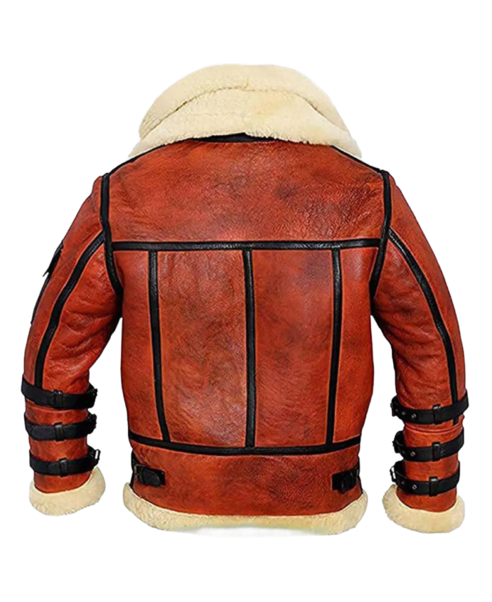 Double Collar B-3 Shearling Red Leather Aviator Jacket Back View
